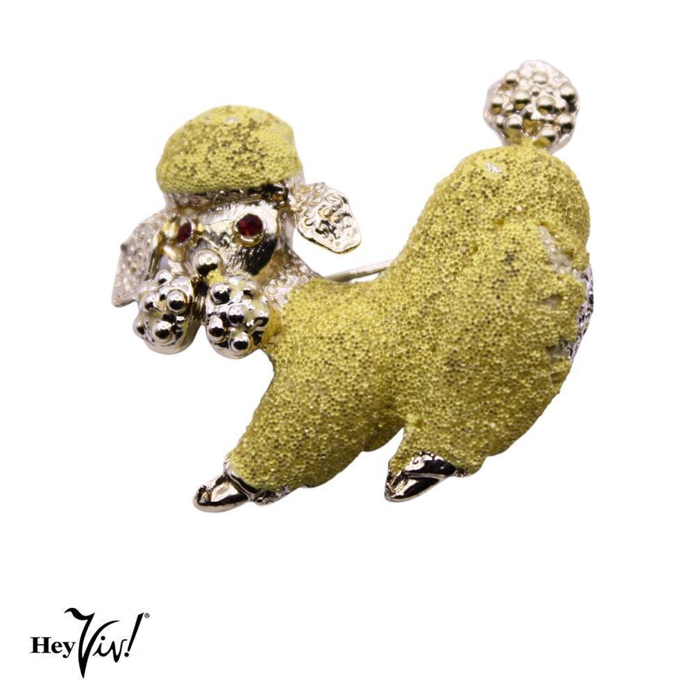 Vintage 50s Poodle Pin w Yellow Fur Rhinestone Eyes Playful Pose 1.5" - Hey Viv